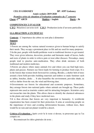 Première page de Anglais 2nde A2, 2nde B, 2nde C, 2nde D, 2nde EFS — Évaluation sommative, 1er semestre (2019-2020) · CEG2 Godomey