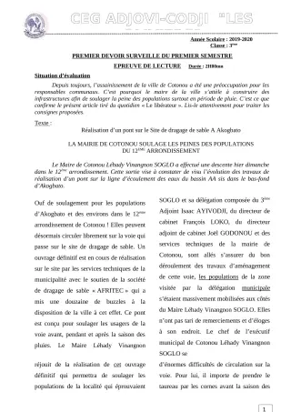 Première page de Français 3e ML — 1er devoir surveillé, 1er semestre (2019-2020) · CEG ADJOVICODJI 'LES OLIVIERS'