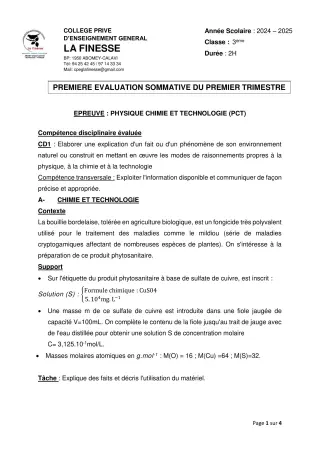 Première page de PCT 3e — 1re évaluation sommative, 1er trimestre (2024-2025) · CPEG La Finesse