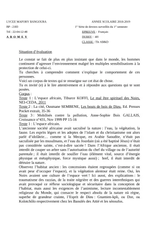 Première page de Français 2nde A & B, 2nde D, 1ère A & B, 1ère D, Tle A & B, Tle D — 1er devoir surveillé, 1er semestre (2018-2019) · Lycée Houegbadja d'Abomey (Ex Mafory Bangoura)