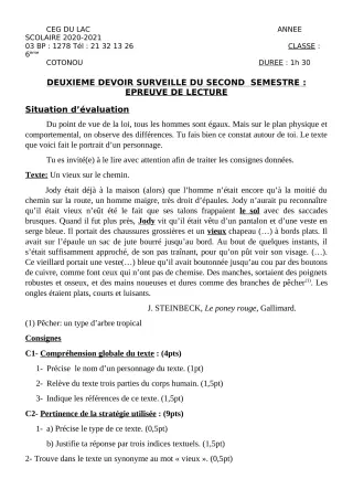 Première page de Français 6e — 2e devoir surveillé, 2e semestre (2020-2021) · CEG du Lac