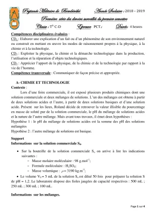 Première page de PCT Tle C — 1er devoir surveillé, 1er semestre (2018-2019) · PMB