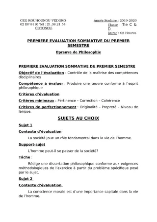 Première page de Philosophie Tle C, Tle D — 1re évaluation sommative, 1er semestre (2019-2020) · CEG Kouhounou-Vêdoko