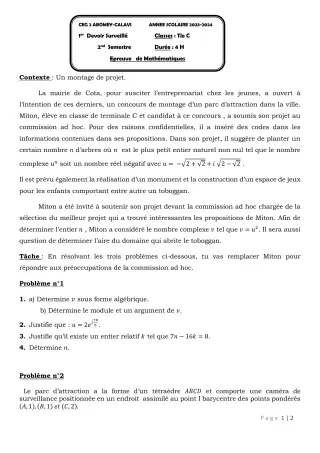 Première page de Mathématiques Tle C — 1er devoir surveillé, 2e semestre (2023-2024) · CEG2 ABOMEY - CALAVI (CEG ZOCA)
