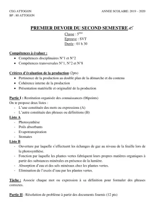Première page de SVT 5e — 1er devoir surveillé, 2e semestre (2019-2020) · CEG Attogon