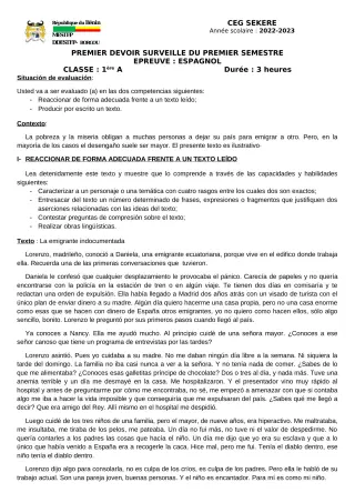 Première page de Espagnol 1ère A2 — 1er devoir surveillé, 1er semestre (2022-2023) · CEG SEKERE