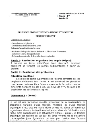 Première page de SVT 4e, 4e ML — 2e production scolaire, 1er semestre (2019-2020) · CEG GBEGAMEY