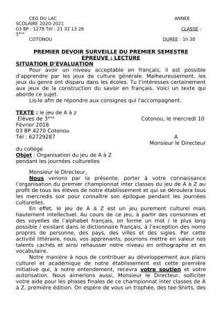 Première page de Français 5e — 1er devoir surveillé, 1er semestre (2020-2021) · CEG du Lac