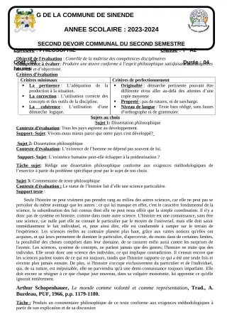 Première page de Philosophie Tle A2 — 2e devoir surveillé, 2e semestre (2023-2024) · CEG SEKERE