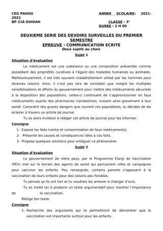 Première page de Français 3e — 2e devoir surveillé, 1er semestre (2021-2022) · CEG PAHOU