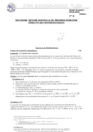 Première page de Mathématiques 1ère D — 2e devoir surveillé, 1er semestre (2019-2020) · CEG ADJOVICODJI 'LES OLIVIERS'