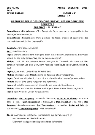 Première page de Allemand 4e — 1er devoir surveillé, 2e semestre (2020-2021) · CEG PAHOU