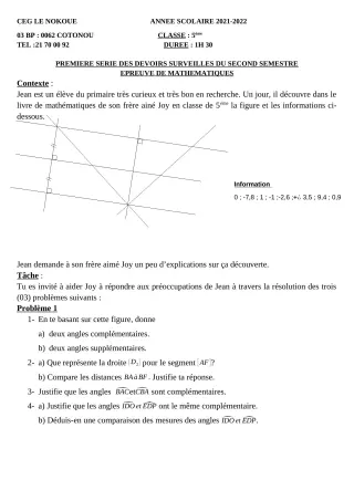 Première page de Mathématiques 5e — 1er devoir surveillé, 2e semestre (2021-2022) · CEG LE NOKOUE