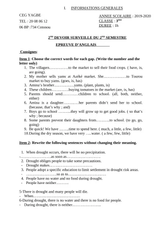 Première page de Anglais 3e, 3e ML — 2e devoir surveillé, 2e semestre (2019-2020) · CEG Yagbe