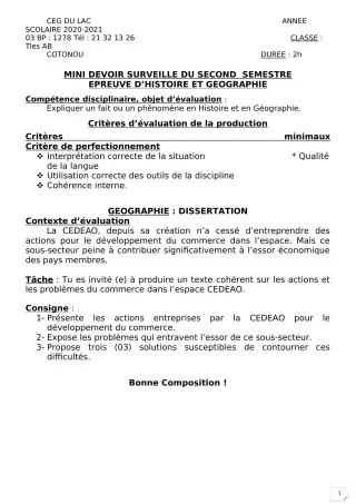 Première page de Histoire-Géographie Tle A2, Tle B — 1er devoir surveillé, 2e semestre (2020-2021) · CEG du Lac