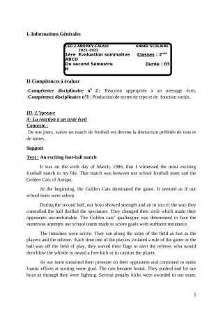 Première page de Anglais 2nde A & B — 1re évaluation sommative, 2e semestre (2021-2022) · CEG2 ABOMEY - CALAVI (CEG ZOCA)