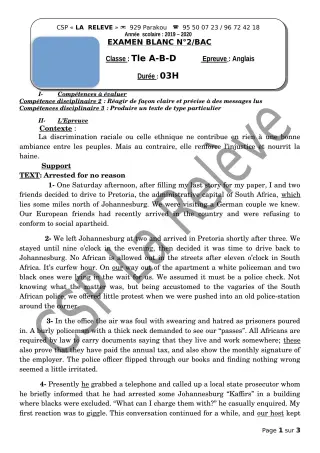 Première page de Examen Blanc de ANGLAIS — 1ère D, Tle A1, Tle A2, Tle D — CPEG La Releve (2019)