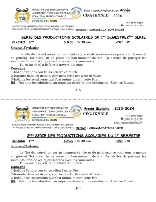 Première page de Français 6e, 5e, 4e, 3e, 2nde A, 2nde C, 2nde D — Production scolaire, 1er semestre (2023-2024) · CEG1 Ikpinlè