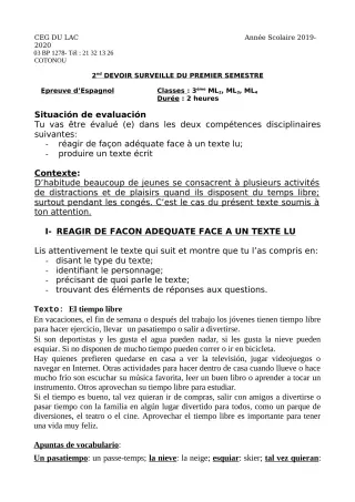Première page de Espagnol 3e ML — 2e devoir surveillé, 1er semestre (2019-2020) · CEG du Lac