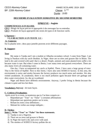 Première page de Anglais 6e, 5e, 4e, 4e ML, 3e, 3e ML — 2e semestre (2019-2020) · CEG3 ABOMEY CALAVI