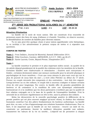 Première page de Français Tle A1, Tle A2, Tle C, Tle D — 2e production scolaire, 1er semestre (2023-2024) · CEG1 Ikpinlè