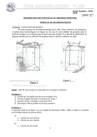 Première page de Mathématiques 5e — 1er devoir surveillé, 1er semestre (2019-2020) · CEG ADJOVICODJI 'LES OLIVIERS'