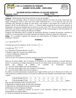 Première page de Mathématiques Tle A2 — 2e devoir surveillé, 2e semestre (2023-2024) · CEG SEKERE