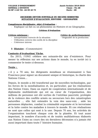 Première page de Histoire-Géographie Tle C, Tle D — 2e devoir surveillé, 2e semestre (2019-2020) · CEG L'Entente