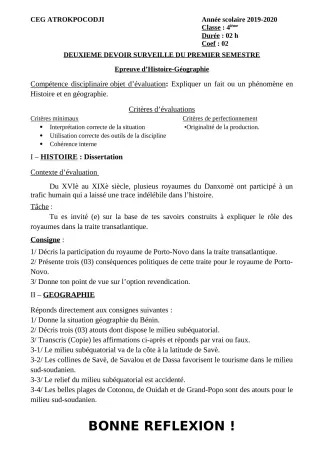 Première page de Histoire-Géographie 4e — 2e devoir surveillé, 1er semestre (2019-2020) · CEG ATROKPOCODJI