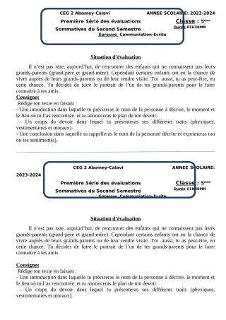 Première page de Français 5e — 1re évaluation sommative, 2e semestre (2023-2024) · CEG2 ABOMEY - CALAVI (CEG ZOCA)
