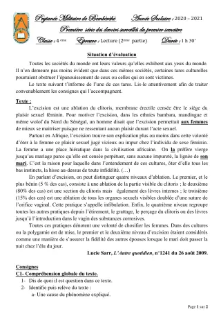 Première page de Français 4e — 1er devoir surveillé, 1er semestre (2020-2021) · PMB