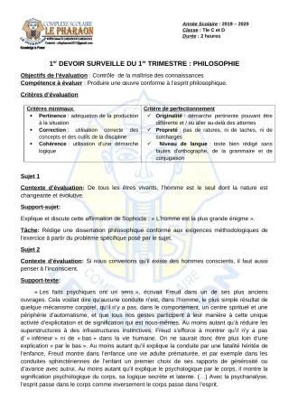 Première page de Philosophie Tle C, Tle D — 1er devoir surveillé, 1er trimestre (2019-2020) · CPEG LE PHARAON