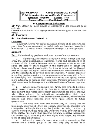Première page de Anglais Tle A1, Tle A2 — 2e devoir surveillé, 2e semestre (2018-2019) · CEG OKEDAMA