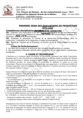 Première page de PCT Tle C — 2e semestre (2020-2021) · CEG Sainte Rita