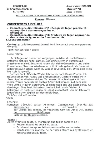 Première page de Allemand 2nde A, 2nde B — 2e évaluation sommative, 1er semestre (2020-2021) · CEG du Lac