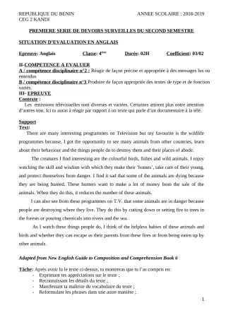 Première page de Anglais 4e, 4e ML — 1er devoir surveillé, 2e semestre (2018-2019) · CEG 2 KANDI