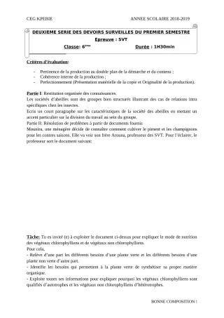 Première page de SVT 5e — 2e devoir surveillé, 1er semestre (2018-2019) · CEG Kpébié