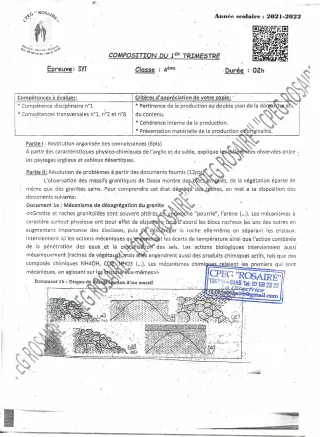 Première page de SVT 4e, 4e ML — 2e composition (2021-2022) · CPEG ROSAIRE
