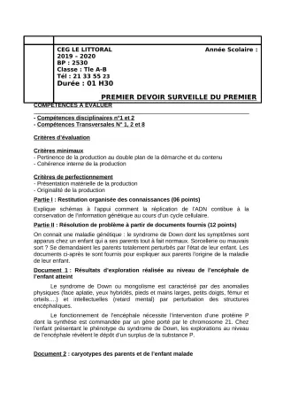 Première page de SVT Tle A2, Tle B, Tle D — 1er devoir surveillé (2019-2020) · CEG Le Littoral