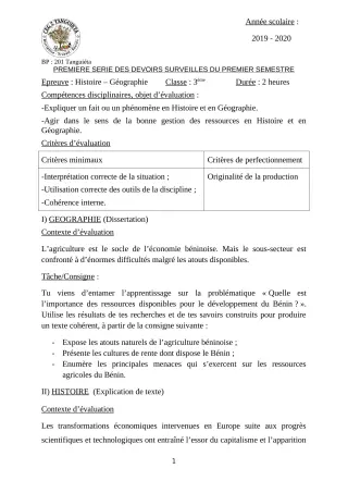Première page de Histoire-Géographie 3e, 3e ML — 1er devoir surveillé, 1er semestre (2019-2020) · CEG2 TANGUIETA