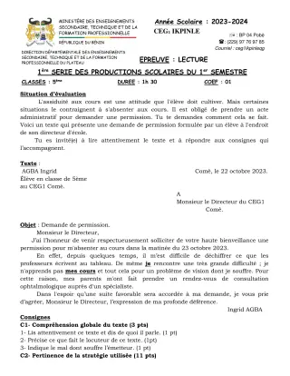 Première page de Français 5e — 1re production scolaire, 1er semestre (2023-2024) · CEG1 Ikpinlè