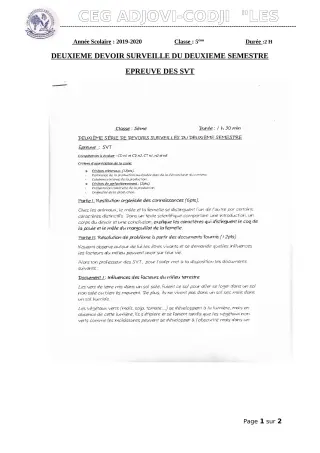 Première page de SVT 5e — 2e devoir surveillé, 2e semestre (2019-2020) · CEG ADJOVICODJI 'LES OLIVIERS'