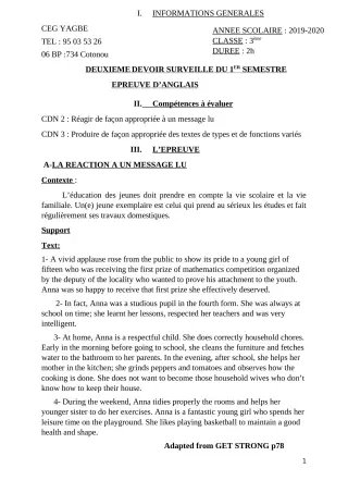 Première page de Anglais 3e, 3e ML — 2e devoir surveillé, 1er semestre (2019-2020) · CEG Yagbe