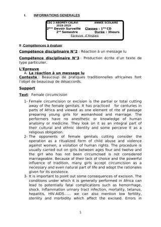 Première page de Anglais 1ère C, 1ère D — 2e devoir surveillé, 2e semestre (2018-2019) · CEG2 ABOMEY - CALAVI (CEG ZOCA)