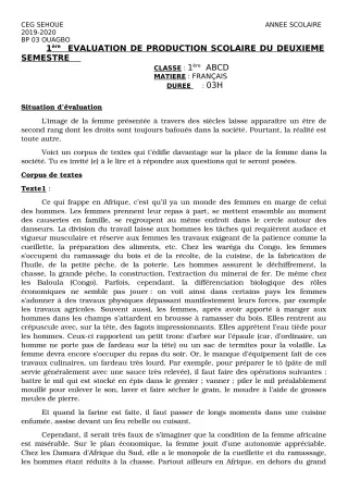 Première page de Français 1ère A2, 1ère B, 1ère C, 1ère D — 1re production scolaire, 2e semestre (2019-2020) · CEG SEHOUE