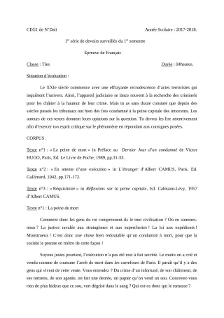 Première page de Français 6e, 5e, 4e, 4e ML, 3e, 3e ML, 2nde A2, 2nde B, 2nde C, 2nde D, 1ère A1, 1ère A2, 1ère B, 1ère C, 1ère D, Tle A1, Tle A2, Tle B, Tle C, Tle D — 1er devoir surveillé, 1er semestre (2018-2019) ·