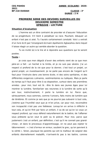 Première page de Français 3e, 3e ML — 1er devoir surveillé, 2e semestre (2020-2021) · CEG PAHOU