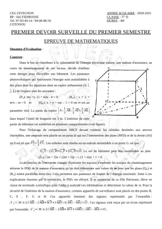 Première page de Mathématiques Tle D — 1er devoir surveillé, 1er semestre (2020-2021) · CEG FIYEGNON