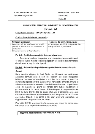 Première page de SVT 4e, 4e ML, 3e, 3e ML — 1er devoir surveillé, 1er trimestre (2021-2022) · CEPG La Prunelle de Dieu