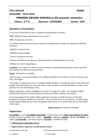 Première page de Espagnol 2nde A2 — 1er devoir surveillé, 1er semestre (2019-2020) · CEG1 Kalalé